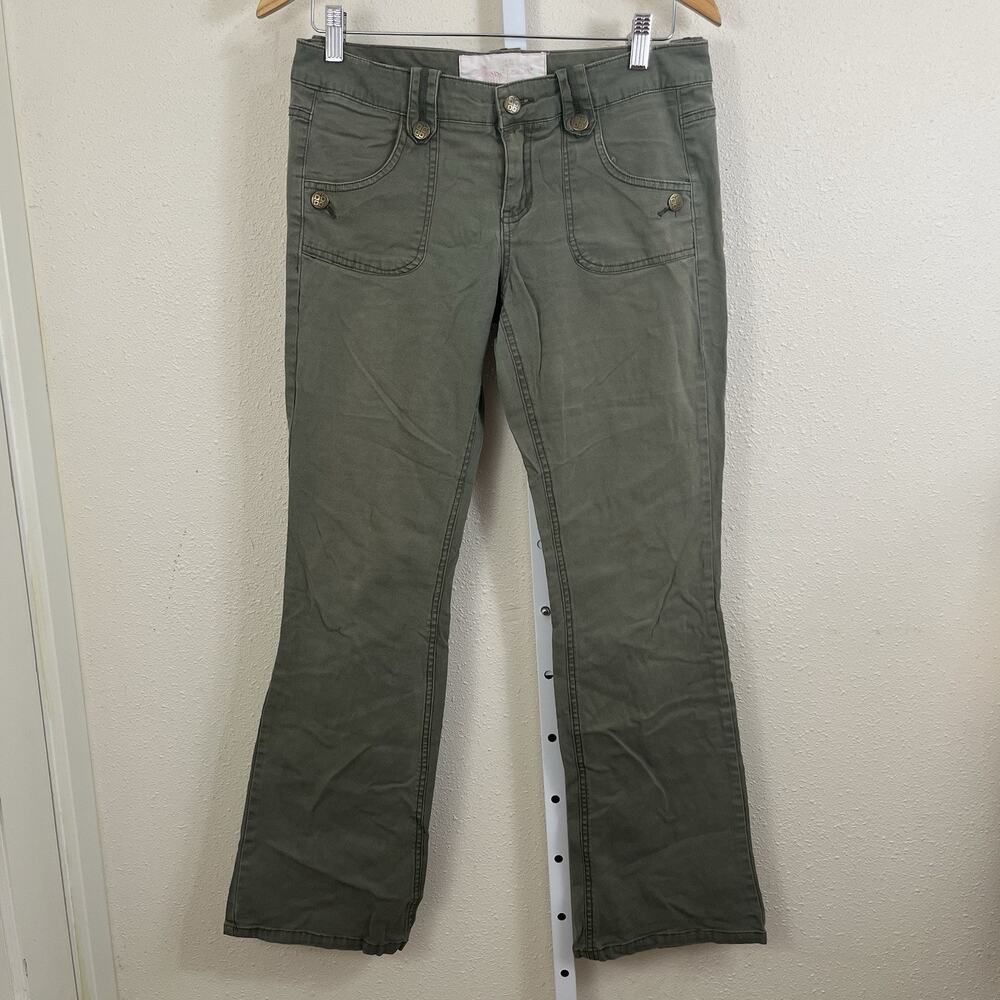 Plugg Vintage Y2K Low Rise Flare Jeans Juniors 7 Olive Green Stretch Utility